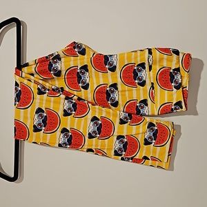 FABULEGS Pug wearing sunglasses watermelon yellow white striped leggings Med EUC